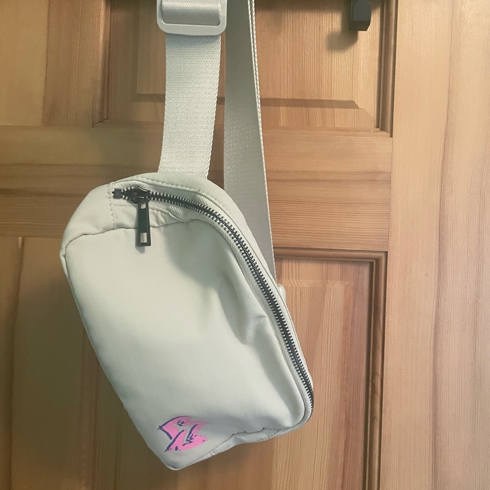 Trendy Off-White Crossbody or Waist Bag with Pink Logo